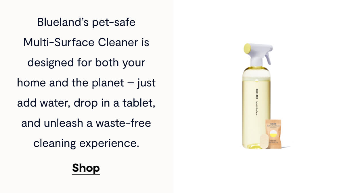 Blueland’s pet-safe Multi-Surface Cleaner is designed for both your home and the planet – just add water, drop in a tablet, and unleash a waste-free cleaning experience.