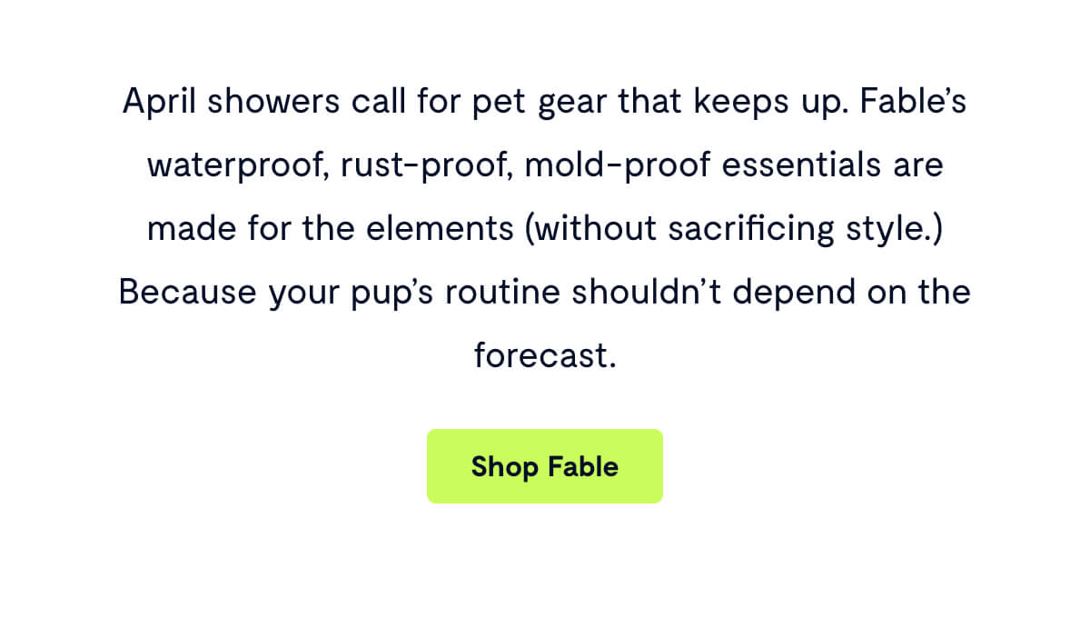 April showers call for pet gear that keeps up. Fable’s waterproof, rust-proof, mold-proof essentials are made for the elements (without sacrificing style.) Because your pup’s routine shouldn’t depend on the forecast.