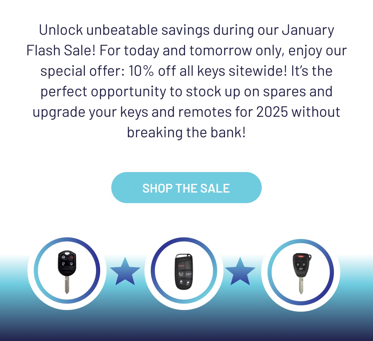 Unlock unbeatable savings during our January Flash Sale! For today and tomorrow only, enjoy our special offer: 10% off all keys sitewide! It’s the perfect opportunity to stock up on spares and upgrade your keys and remotes for 2025!